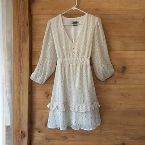 Maison Tara Fit & Flare Chiffon Dress Size 10 Foil Clip Dot 3/4 Sleeve